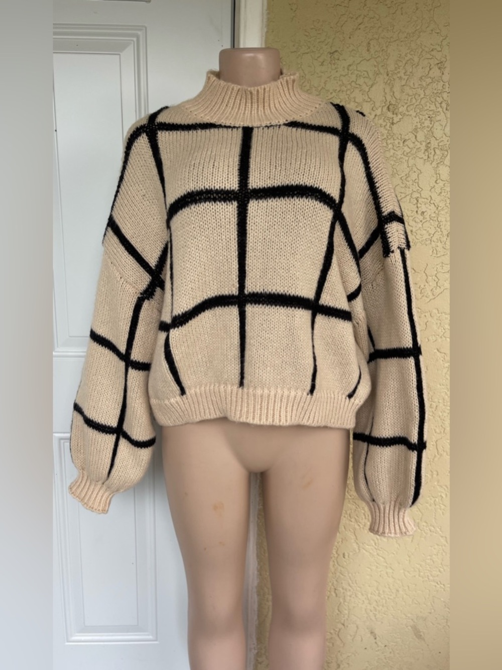 Little Líes Cream Windowpane Turtleneck Sweater with Black Grid - Picture 2 of 10